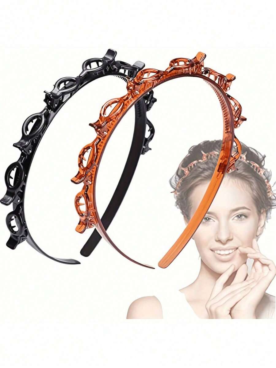 2pcs Braided Hair Headband Small Clips Bangs Fixing Tool Multi-Layer Hollow Braided Hair Hoop Hair Clips Top Clips Hair Pins - Multicolor - View 1
