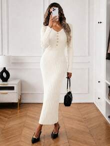 Women's Minimalist Fitted Metal Front Button Design Solid Color Sweater Dress; Autumn/Winter Elegant - White - View 4
