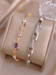 2pcsRomantic Gold‑Tone Stainless Steel Bracelet Set, Vine Multicolor Zirconia & Beaded Thin Chain - Multicolor - View 4