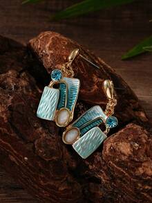 1 Pair Women Retro Geometric Color‑Block Enamel Drop Earrings,Inlaid Glass Dangle Earrings, Vintage Art Statement Ear Jewelry For Daily Party Dating - Geometry - View 7