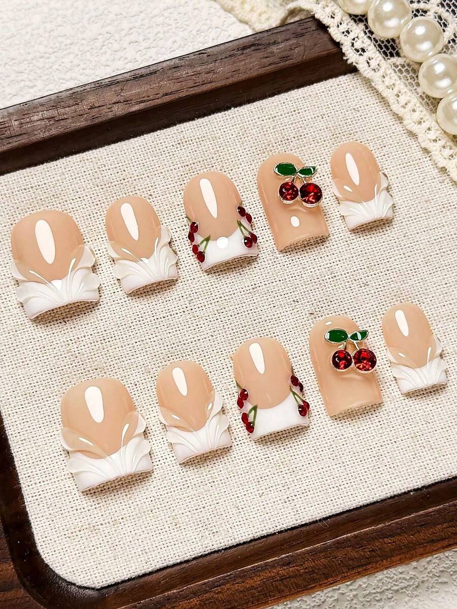 10pcs Handmade Short Square Nail Tips, Yellow-Green Marble French Edge, Fresh Gradient, 3D Metallic Flower, Wavy Texture Gel-X Nails, Pearl Gold Bead Pattern Tips, Suitable For Party And Wedding - Multicolor - View 1