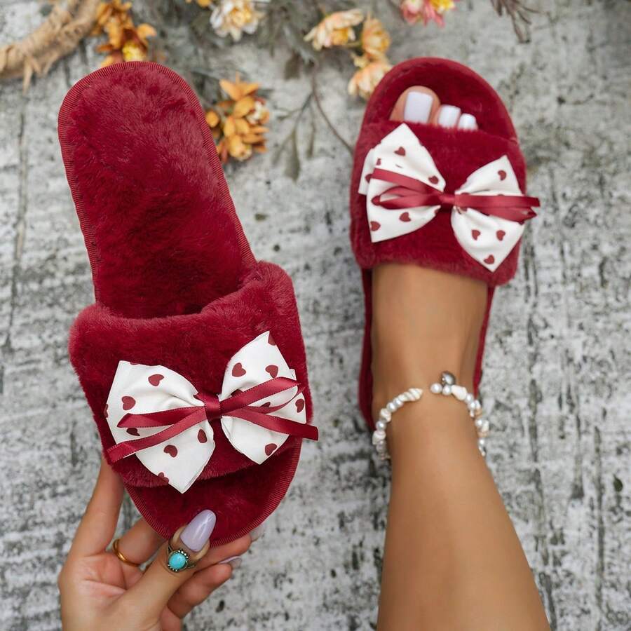 Women's Home Slippers Bowknot Fashion Fabric Heart Comfortable Soft Sole Indoor Autumn/Winter Slide - Burgundy - View 1