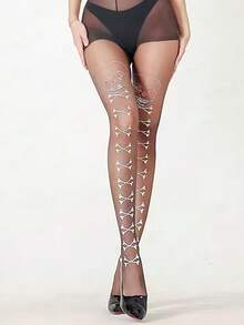 Halloween Asymmetrical Skeleton & Blue Tie‑Dye Print Sheer Tights Gothic Cosplay Pantyhose - Black - View 2