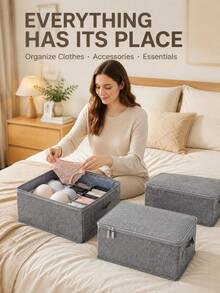 Fabric Storage Box, Foldable With Lid, Suitable For Clothes, Toys And Home Storage, Linen Material, Bedroom Storage Organizer Box - Grey - View 3
