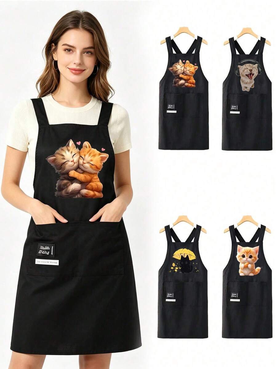 Cute Cat Print Black Apron With Double Pockets, Cross-Back Design For Comfortable Wear Without Shoulder Pressure, Multiple Adorable Cat Patterns Available. Durable And Practical Fabric, Suitable For Home Cooking, Baking, Crafting And Housework, Ideal For Housewives And Cooking Enthusiasts, Oil-Resistant And Water-Repellent, Combining Aesthetics And Functionality, Highly Attractive Protective Apron For Home Kitchen Use. - Multicolor - View 1