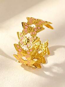 VceTd 1pc Gentle Style Colorful Enamel Butterfly Design Stainless Steel Open Cuff Bracelet For Women, Suitable For Weddings, Travel, Or As A Valentine's Day Gift For Loved Ones - Yellow Gold - View 5