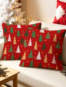 1/2/4Pcs Vibrant Red Christmas Tree Cushion Cover,Mixed Green Gold White Pine Tree Print,Golden Snowflake Winter Farmhouse Holiday Decor Pillow Case - Multicolor - View 7