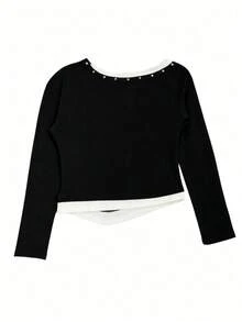 Design Contrast Color 2 In 1 Asymmetrical Shoulder Long Sleeve T-Shirt, Sweet Cool Hot Girl Style Versatile Slim Fit Top - Black - View 2