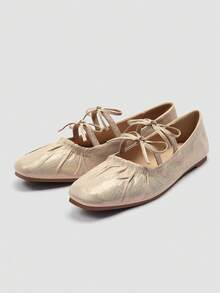 ADAMUMU Shiny Fabric Double Bow Ruched Square Toe Flat Shoes, Gathered Ballet Soft Sole, Sweet & Cool Versatile Comfortable - Gold - View 2