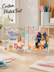 1pc Custom Puzzle‑Shaped Acrylic Photo Plaque, Personalized Photo And Text Desktop Ornament, Happy Birthday Keepsake Tabletop Sign,Unique Gift For Friends Family,Birthday Memories Display - Multicolor - View 1