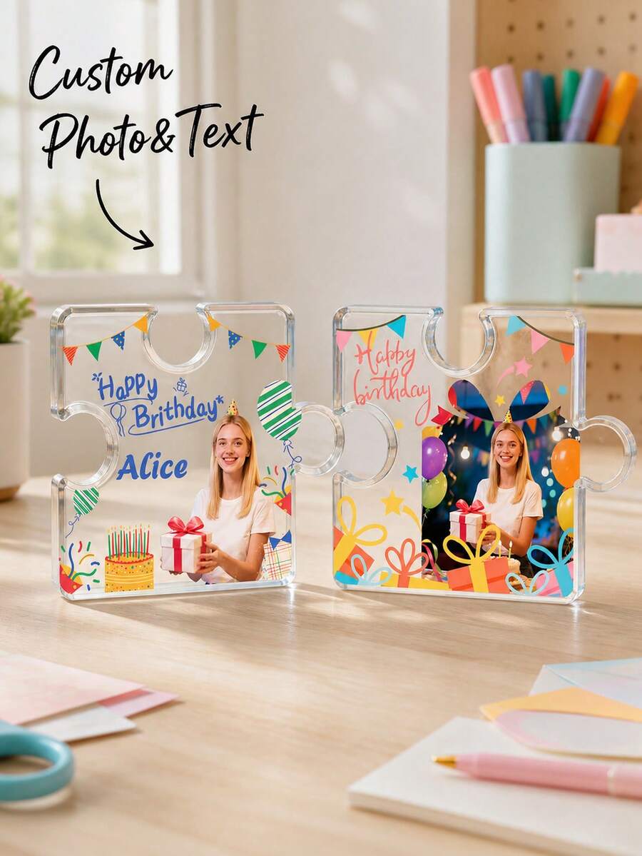 1pc Custom Puzzle‑Shaped Acrylic Photo Plaque, Personalized Photo And Text Desktop Ornament, Happy Birthday Keepsake Tabletop Sign,Unique Gift For Friends Family,Birthday Memories Display - Multicolor - View 1