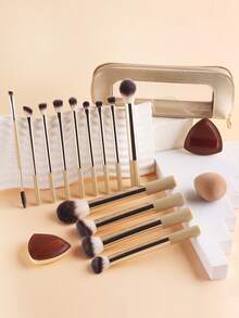 ronshadow 13pcs Makeup Brush Set With Storage Bag, Makeup Sponge, Powder Puff, Loose Powder Brush, Blush Brush, Foundation Brush, Contour Brush, Multiple Eyeshadow Brushes, Dual-Ended Eyebrow Brush, For Home Makeup, Travel And Touch-Ups, Complete Set For Setting, Blush, Contouring, Eyeshadow And Eyebrow Makeup - Multicolor - View 2