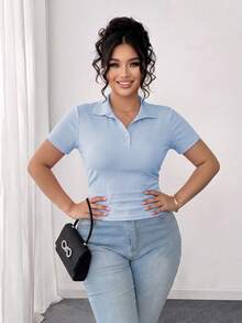 Camiseta de mujer de manga corta ajustada con cuello polo de unicolor,acanalada,transpirable y ligera, para uso diario - Celeste - Ver 5
