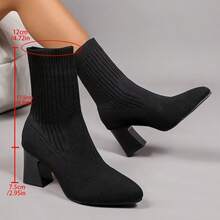 2026 New Elegant Fashion Chunky Heel Pointed Toe Boots, Elastic Slim Fit Sock Boots, High Heel Ankle Boots, - Black - View 6