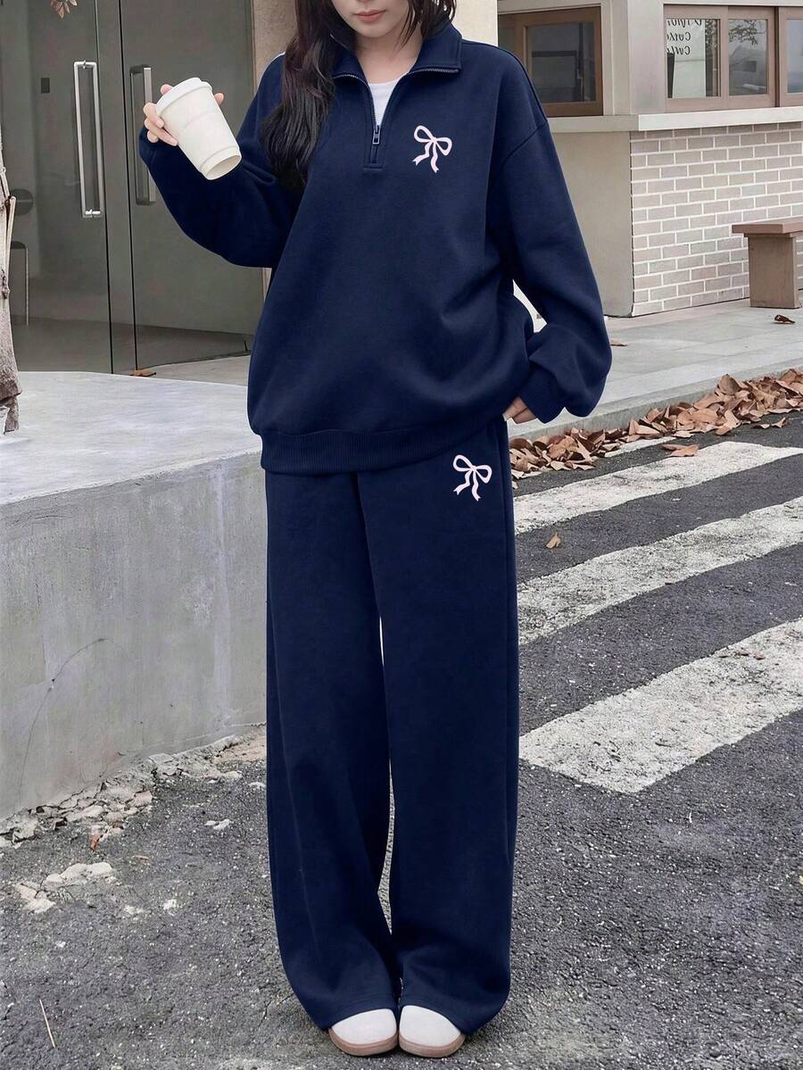 2 Pieces Set For Young Girl And Girls, Half-Zip Sweatshirt And Wide-Leg Pants, Loose Fit Stand Collar Sweatshirt With Pink Bow Print And Loose Wide-Leg Pants Matching Set, Suitable For Autumn/Winter Daily Wear - Multicolor - View 1