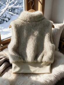 Girls' Long Plush High Neck Ribbed Hem Fashion Vest - Apricot - View 2