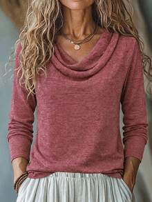 Solid Color Women's Knitted Long Sleeve T-Shirt, Regular Length, Suitable For Autumn/Winter Casual Wear - Dark Purple - View 1