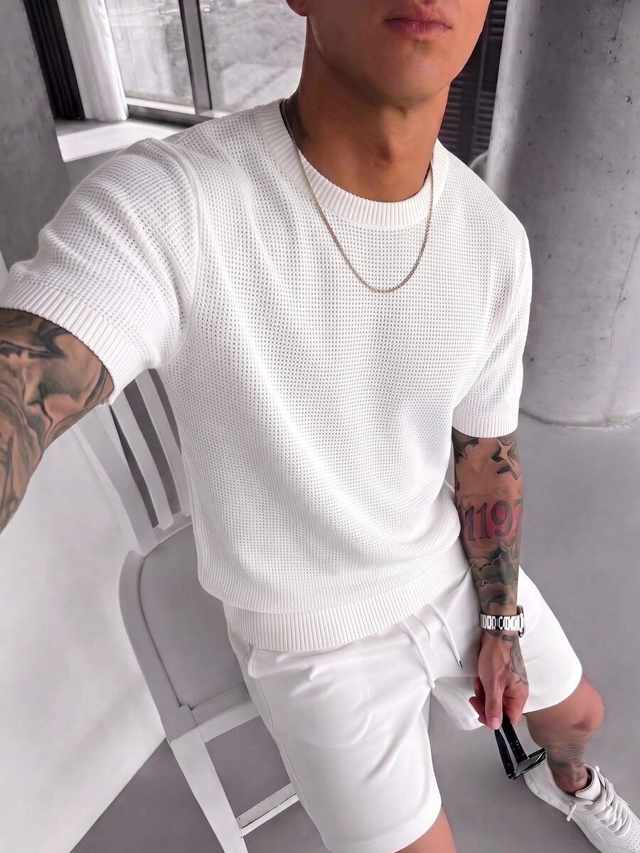 Men's Summer Casual Classic Small Pineapple Pattern Short Sleeve Knit Sweater, Essential Summer Wardrobe Outfit Piece Knit Top