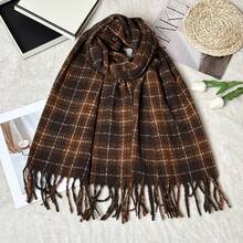 1pc Women's Autumn/Winter Shawl Scarf, Color Block Plaid With Tassels - Bitter Almond - View 6