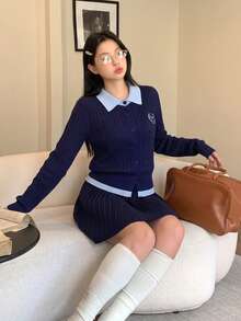 College Style Contrast Color Polo Collar Cable Knit Single-Breasted Embroidered Cardigan Top - Navy Blue - View 3
