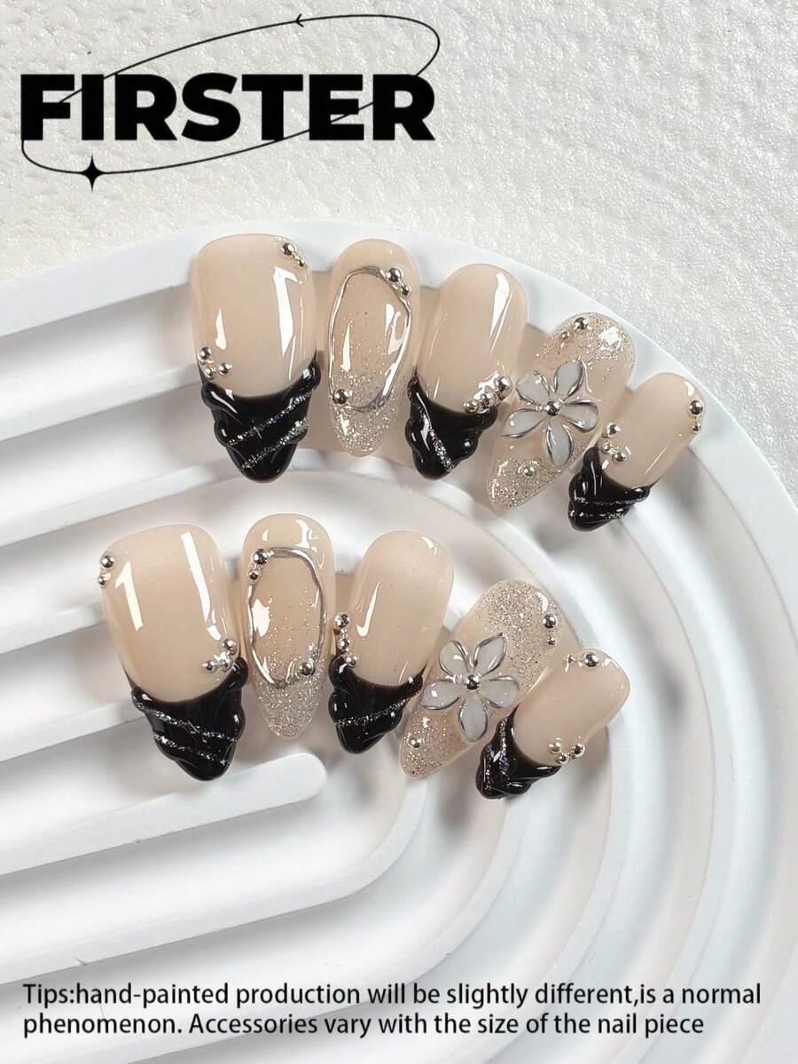 10pcs Medium Almond Handmade Press On Nails, Nude Base Elegant Fake Nails, Black Ruffle French Tip, Metal Bead & 3D Transparent Flower Decor Mix Design, Glossy Fall Nails, Reusable Luxury False Nails For Wedding Daily Party Wear - Multicolor - View 1