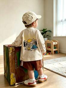 1pc Baby Boy Casual Printed Crew Neck Pullover Long Sleeve T-Shirt Autumn Children's Top - Apricot - View 2
