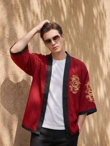 Men's Kimono Cardigan Print Casual Shirt, Red Dragon Pattern, Versatile Single Layer, Machine Washable - Red - View 1