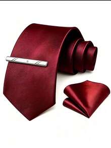 1 Set Of Pinstripe Tie, Pocket Square, Tie Clip 3 Pieces Set Suitable For Business Travel, Wedding, Banquet - Burgundy - View 3