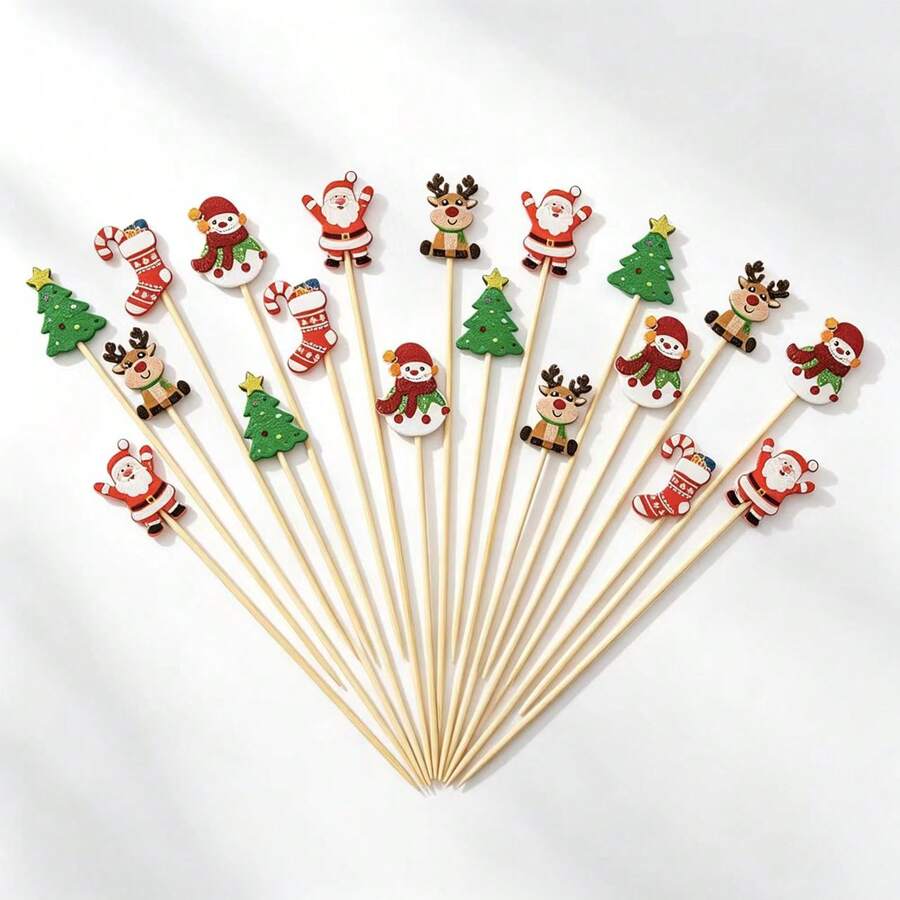 200/100/50/20/10/1pc Christmas Theme Decorative Fruit Picks, Cute Santa Claus, Snowman, Reindeer, Christmas Tree Shapes, Party Table Platter Decoration, Suitable For Fruit, Bread, Dessert, Snacks, Christmas Party, Family Gathering, Holiday Banquet Atmosphere Decorative Bamboo Picks For Home Holiday Party - Multicolor - View 1