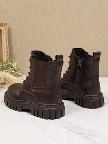 1 Pair Coffee Brown Boys' Boots, Soft PU + Elastic Fabric, Lightweight Soft Sole With Inner Zipper Design, Simple Classic Work Boots, Suitable For Boys And Girls Students For Daily School And Holiday Wear, Autumn/Winter New Style - Coffee Brown - View 6