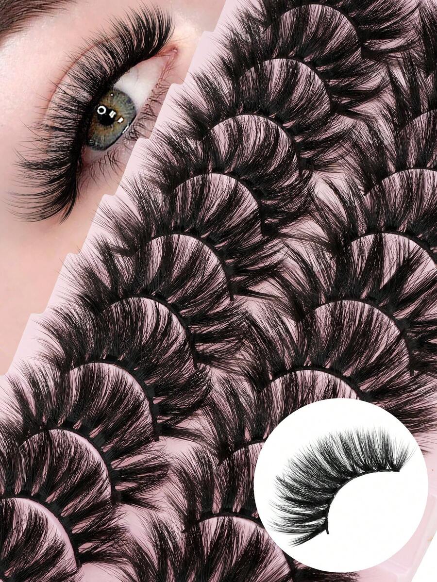 10 Pairs Thick Fluffy Dramatic False Eyelashes, Handmade Strip Lashes Suitable For Women's Daily Wear - Black - View 1