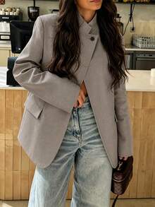Women's Grey Asymmetrical Stand Collar Blazer, New Loose Slimming Casual Commute Versatile Premium Single-Breasted Small Jacket Fall - Brown - View 7