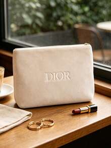 Portable Soft Off‑White Towel‑Fabric Travel Makeup Pouch Embroidered Brand Lettering Toiletry Storage Cosmetic Case For Personal Use Or As A Gift - DIOR Cosmetic Bag - White - View 4