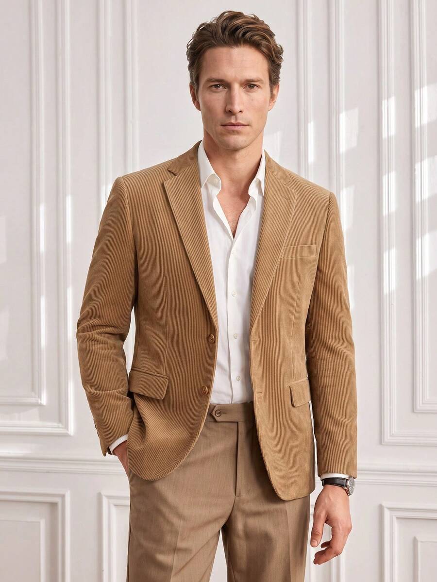 Officeau Men's Old Money Khaki Corduroy Blazer, For Business Formal/Evening Events - Khaki - View 1