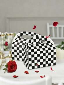 12pcs Black & White Checkered Gift Boxes, Racing Theme Party Snack Boxes, Party Favor Boxes, DIY Gift Bags, Triangle Snack Boxes With Handles, Suitable For Birthday Party Decoration, Halloween, Christmas Decoration - A - View 1