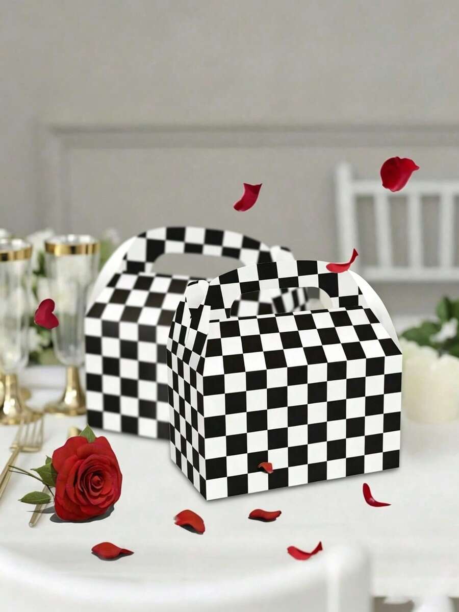 12pcs Black & White Checkered Gift Boxes, Racing Theme Party Snack Boxes, Party Favor Boxes, DIY Gift Bags, Triangle Snack Boxes With Handles, Suitable For Birthday Party Decoration, Halloween, Christmas Decoration - A - View 1