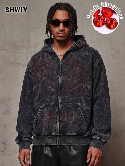 Shwiy Men's Autumn Black Washed Distressed Hooded Pocket Double Zipper Sweatshirt Streetwear Fashion Jacket Suitable For Daily Wear And Gift Giving