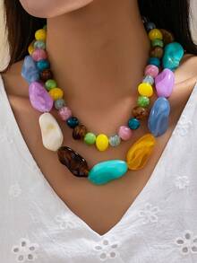 OABE 2pcs/Set Bohemian Style Colorful Asymmetrical Beaded Necklace Set, Suitable For Women's Daily Wear, Handmade Beaded Colors And Shapes Random - Colorful - View 2