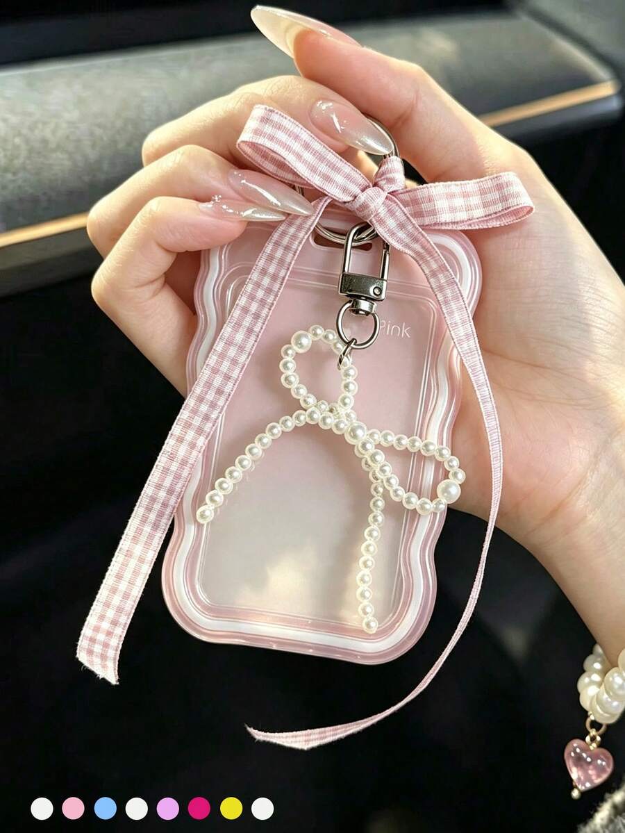 Y2K Style Transparent Wavy Card Holder, Pearl Bow Hanging Card Sleeve, Heart-Shaped Keychain, Fresh Card Holder, Transparent Soft Silicone Card Sleeve With Keychain, Exquisite Girl Accessory, ID Badge Holder; No RFID Function, With Detachable Keychain And Detachable Lanyard/Pendant; Sliding Flip Cover - With ID Window And Card Slot. Suitable For ID Card, Student ID, Meal Card, Work Pass And Subway Access Card. Back To School Essential, Ideal Gift For Girls. - Multicolor - View 1