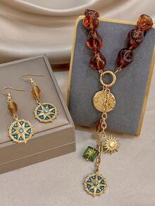 1Pc/Set Boho Irregular Amber Beaded Chain Necklace Compass Pendant Dangle Earrings Jewelry Set,For Women,Party,Daily,Birthday,Christmas/Halloween/Fall - Multicolor - View 2
