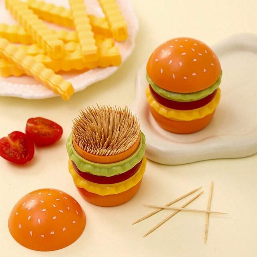 Tempat Tusuk Gigi dan Kotak Penyimpanan Benang Gigi Berbentuk Hamburger Kreatif - Desain Hamburger Lucu, Cocok untuk Dekorasi Kantor dan Meja - Tempat Tusuk Gigi Dekoratif dengan Motif Hamburger, Desain Ringkas untuk Menyimpan Cotton Bud, Kotak Benang Gigi, Wadah Penyimpanan Higienis - View 1