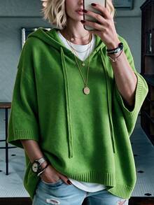 Plus Size Women's Hooded Knit Pullover Sweater, Drawstring Design, 3/4 Regular Sleeve, Loose Fit, Suitable For Casual Wear - Green - View 1