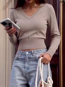 Women's Ribbed V-Neck Long Sleeve Knit Top, Medium Stretch, Suitable For Autumn And Spring Casual Wear - Khaki - View 7