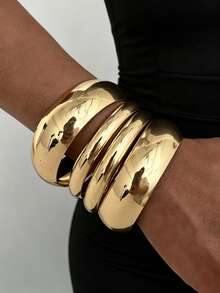 4/3pcs Vintage Exaggerated Luxurious Old Money Style Geometric Design Women's Wide Plain Metal Bangle Set, Suitable For Daily Wear, Party, Vacation, Date, Wedding, Gathering, Perfect Gift Choice - Gold - View 4