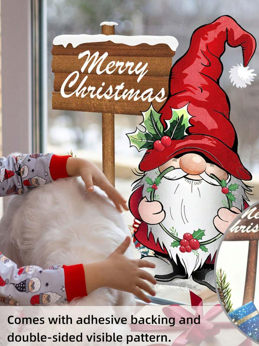 1pc (30 X 40Cm) Self-Adhesive Santa Claus Sign Home Modern Decor Beautify Bedroom Living Room Balcony Window Glass Sticker Window Sticker Double-Sided Visual Pattern - Red - View 1