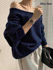女士马海毛毛衣，露肩不对称宽松休闲上衣，春季款 - 藏青色 - 查看 6