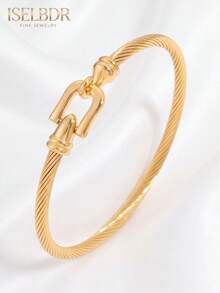3pcs/Set 18K Gold Plated Stainless Steel Thick Twisted Wire Bracelet & Textured Oval Chain Bracelet Set, Waterproof Fade-Resistant Hypoallergenic Horseshoe Clasp Stackable Bracelet, Elegant Low-Key Luxury Autumn Jewelry Gift - Multicolor - View 11