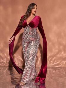 Jumpsuit dài size lớn siêu dài thanh lịch, tay xẻ, cổ V sâu, hở lưng, đính sequin phối mảng cho tiệc tối - Đỏ - Xem 2