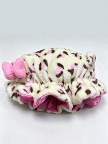 1pc Leopard Print Pink Teddy Fleece Sleep Cap, Adjustable Satin Lining Anti-Frizz Hat, Comfortable Elastic, Suitable For Natural Curly Hair - Multicolor - View 14