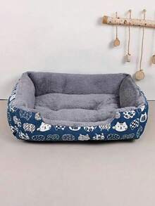 1pc Cozy Warm Plush Pet Bed, Blue Cartoon Pattern Pet Sofa Cushion For Cats Small Dogs, Durable Polyester Easy‑Clean Indoor Pet Nest - Multicolor - View 1